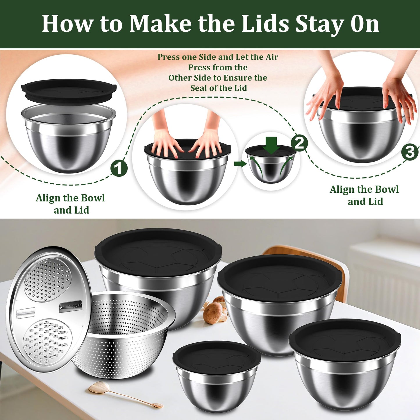 Nicdiet Mixing Bowls with Lids Set, 16PCS Stainless Steel Mixing Bowls,Nesting Storage Bowls for Kitchen with Mixing Bowl, Colander, Strainer & Grater, Metal Salad Bowl for Kitchen Gadgets, Black