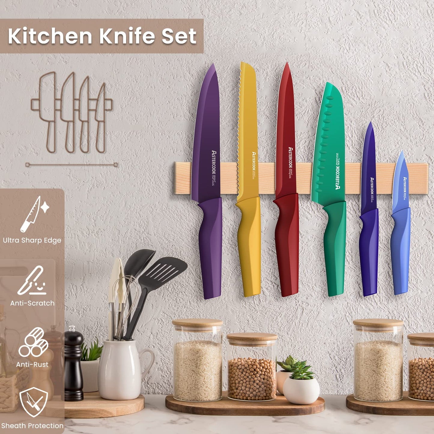 Astercook Knife Set, 12 Pcs Color-Coded Kitchen Knives Set, 6 Color Anti-Rust Coating Stainless Steel Chef Knife Sets with 6 Blade Guards Dishwasher Safe Mothers Day Gifts