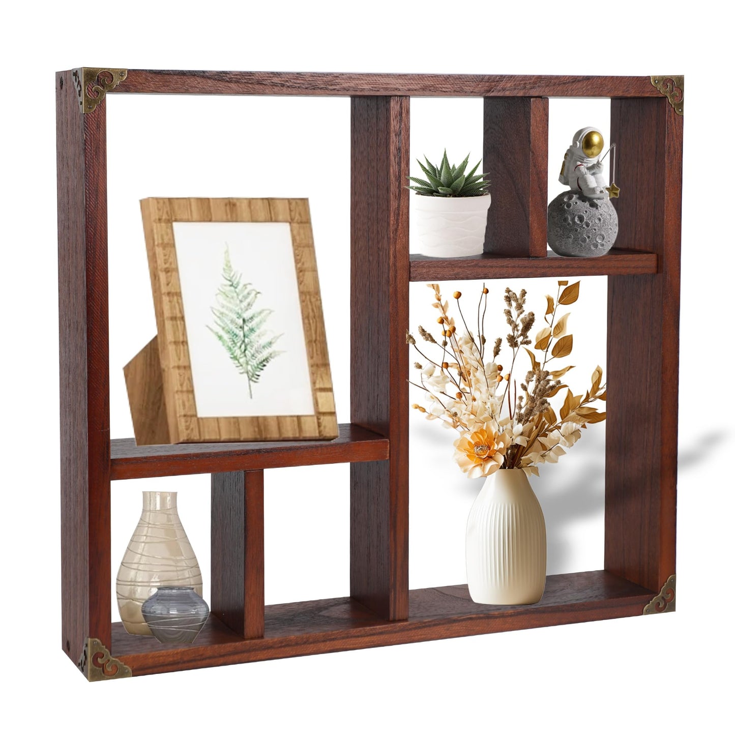 MITREL 17.7x15.7-Inch Shadow Box Display Shelf，6-Slot Rustic Floating Shelves，Larger Wood Trinket Shelf Freestanding Farmhouse Curio Shelf(6C-Rustic Walnut)