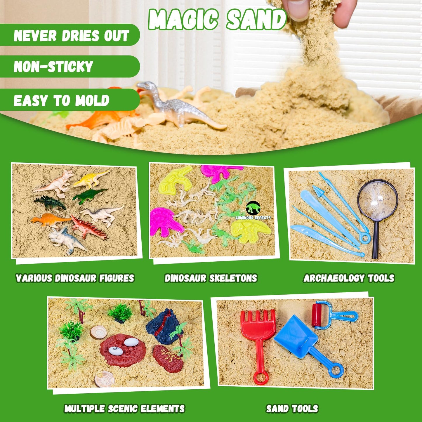 Pakimio Dinosaur Sensory Bin with Lid, 2.64lbs Magic Sand, Dino Figures, Skeletons & Archaeology Tools, Sensory Sand Kit Dinosaur Toys for Kids 3 4 5 6 7+ Year Old Boy Toddler Birthday Gift Christmas