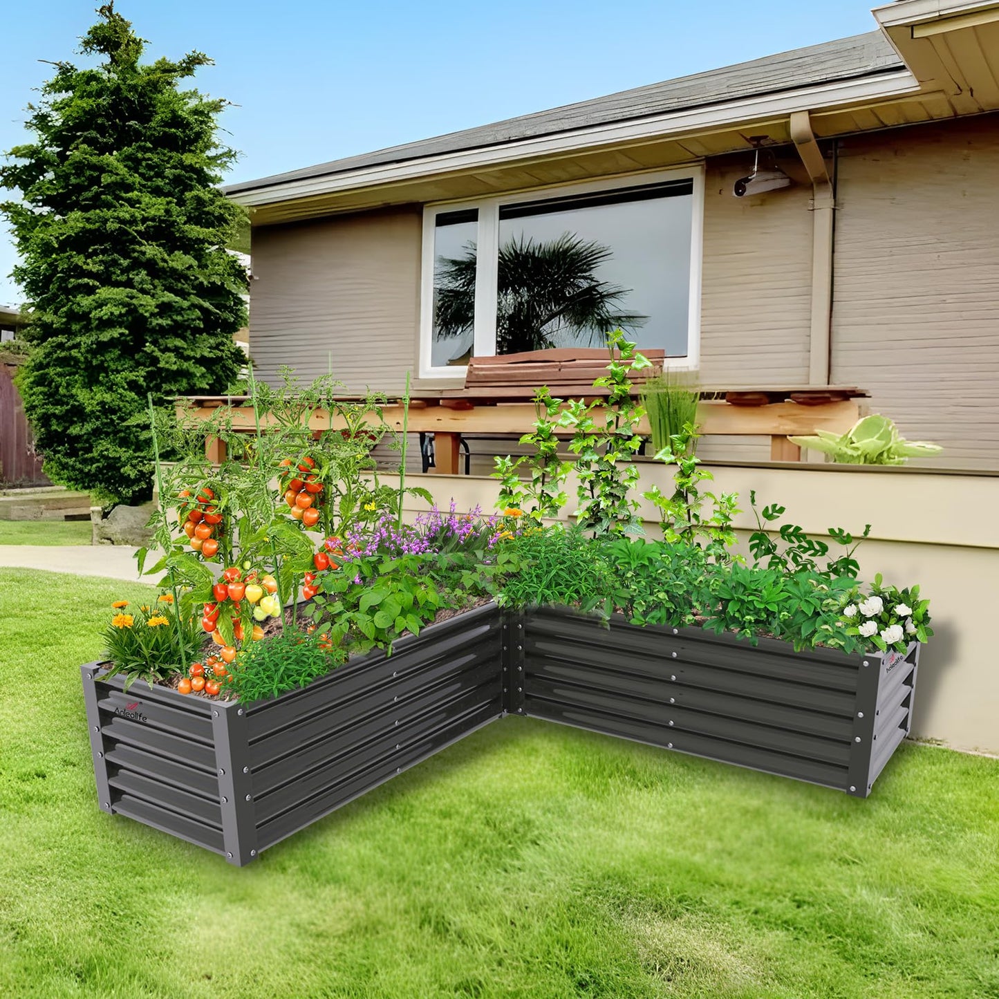 A ANLEOLIFE 2 Set L-Shaped Galvanized Raised Garden Beds Outdoor,74x74x18in Large Metal Planter Box for Planting Vegetables Flowers Herb, Anti-Rust & Easy-Setup, Quartz Grey