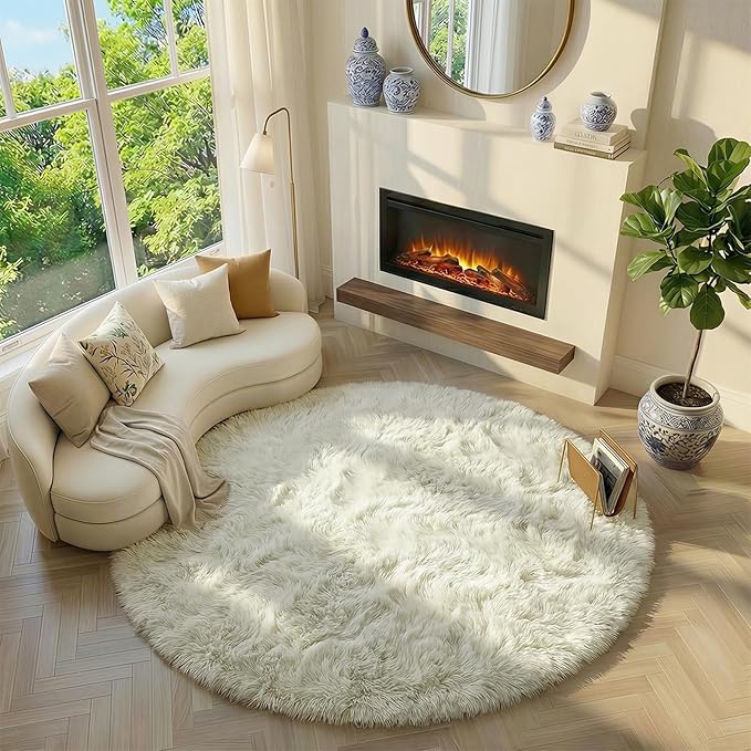Amdrebio Ivory White Round Rug 5Ft for Bedroom Living Room Aesthetic, Neutral Fluffy Fuzzy Circle Area Rugs for Kids Room Playroom, Circular Plush Soft Shaggy Cream Carpet for Dorm Teen Baby Nursery