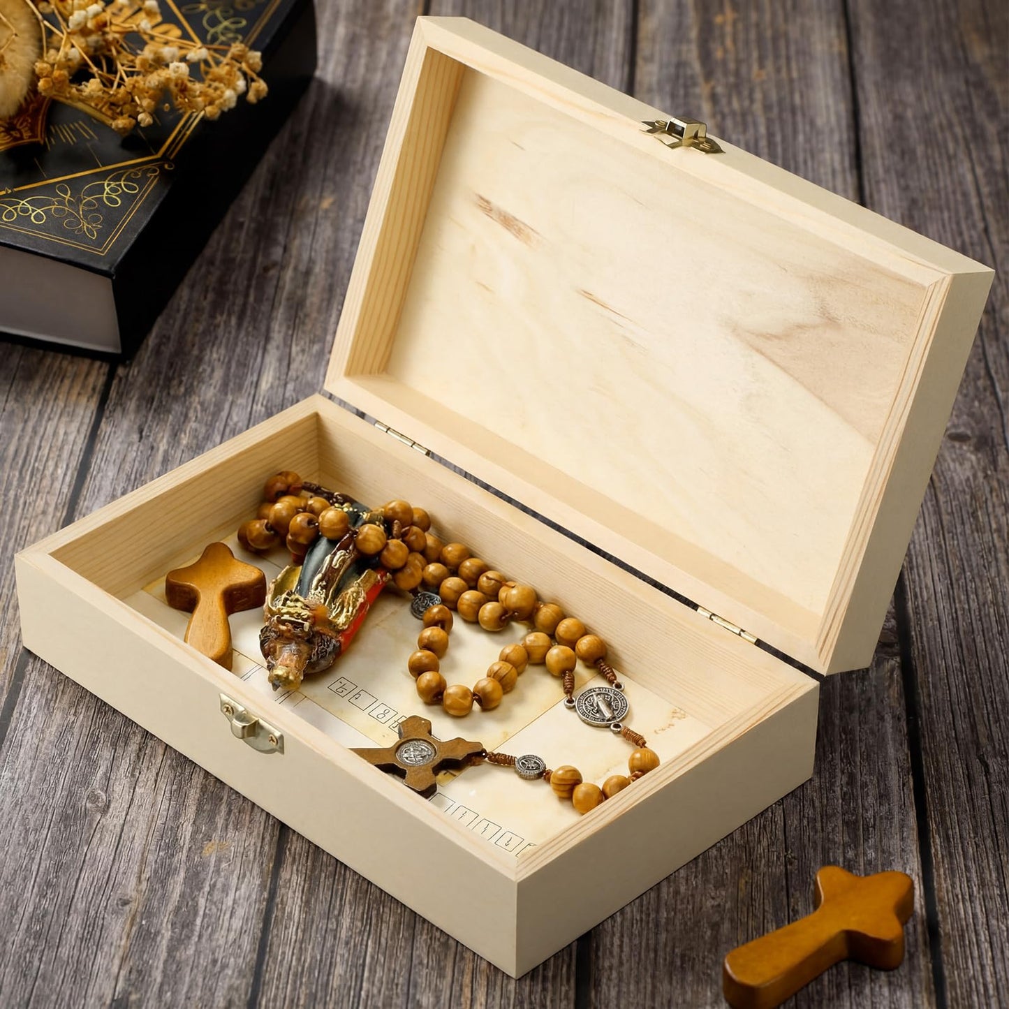 CroBlissful First Communion Wooden Box Keepsake Baptism Memory Box Gift 8.6 x 5.1 x 2.4 Inches First Holy Communion Jewelry Storage for Baptism Memory Keepsake(Floral)
