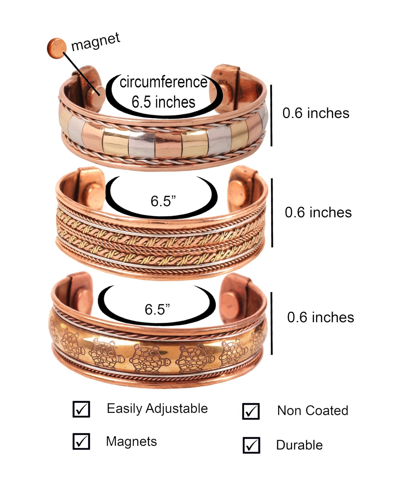 Touchstone copper bracelets | gift for men women |adjustable 100% pure solid real magnetic jewelry | handmade bracelet set combo | rope braided tibetan bangles. Set of 3 different designs