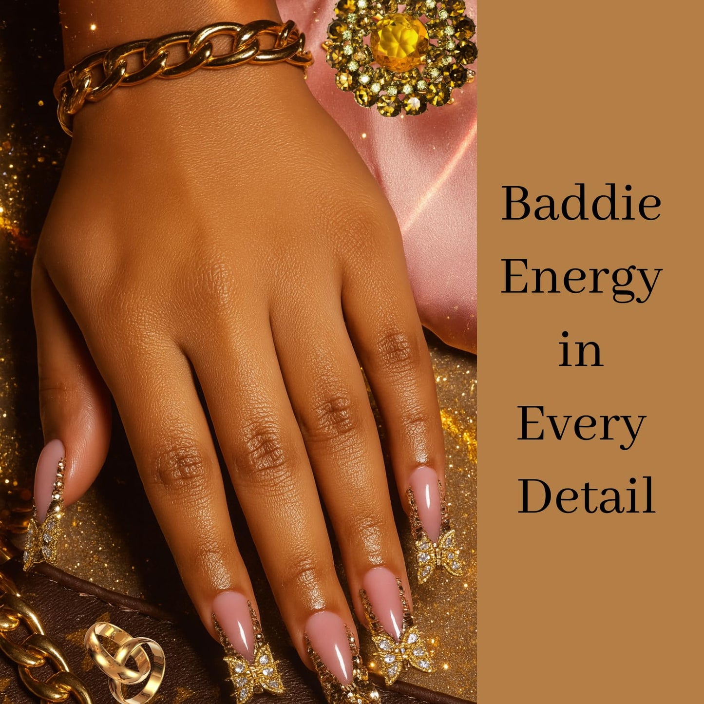 French Tip Junk Press on Nails Short Duck Square Fake Nails with Butterfly Charms Designs False Baddie Nails Cute Rhinestones Stick on Nails for Women 24Pcs (Designs, gold buterfly)