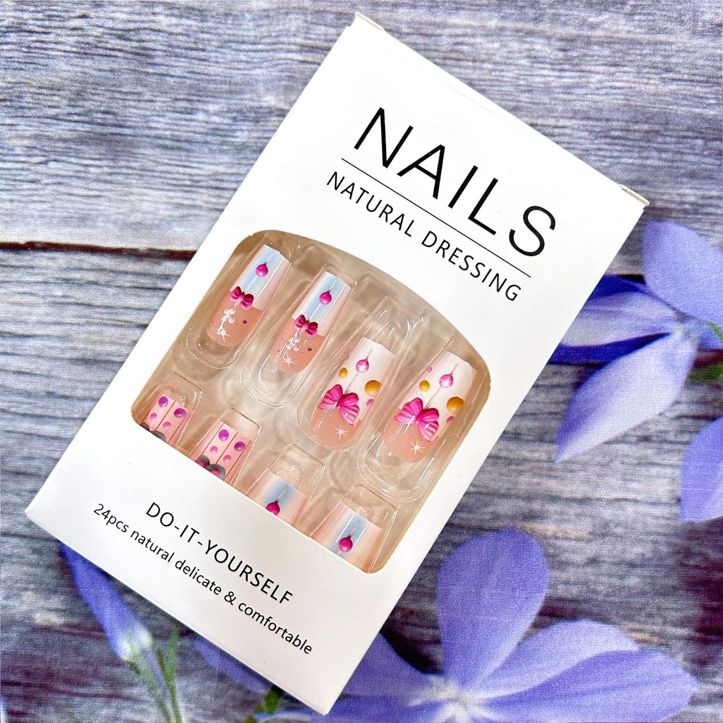 CJDLTS Press on Nails Long Length Candy Bow Pattern Design Acrylic False Nail Colorful Stripes Artificial Stick on Nail Full Cover Press Ons Nude Pink Square Glue on Nail for Women 24Pcs