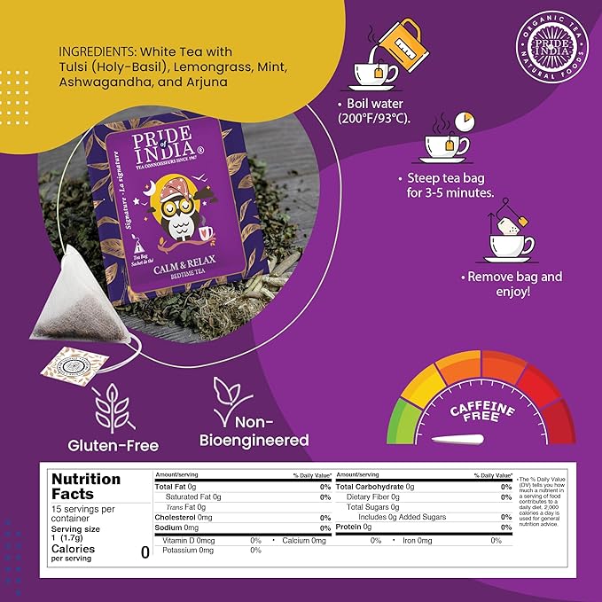 Pride of India | PACK of 2 - Sip and Relax : Bedtime Tea | 15 Pyramid Full Leaf Individually Wrapped Tea Bags| 100% Natural Blend of White Tea & Herbs from Single Origin | Calming and Soothing
