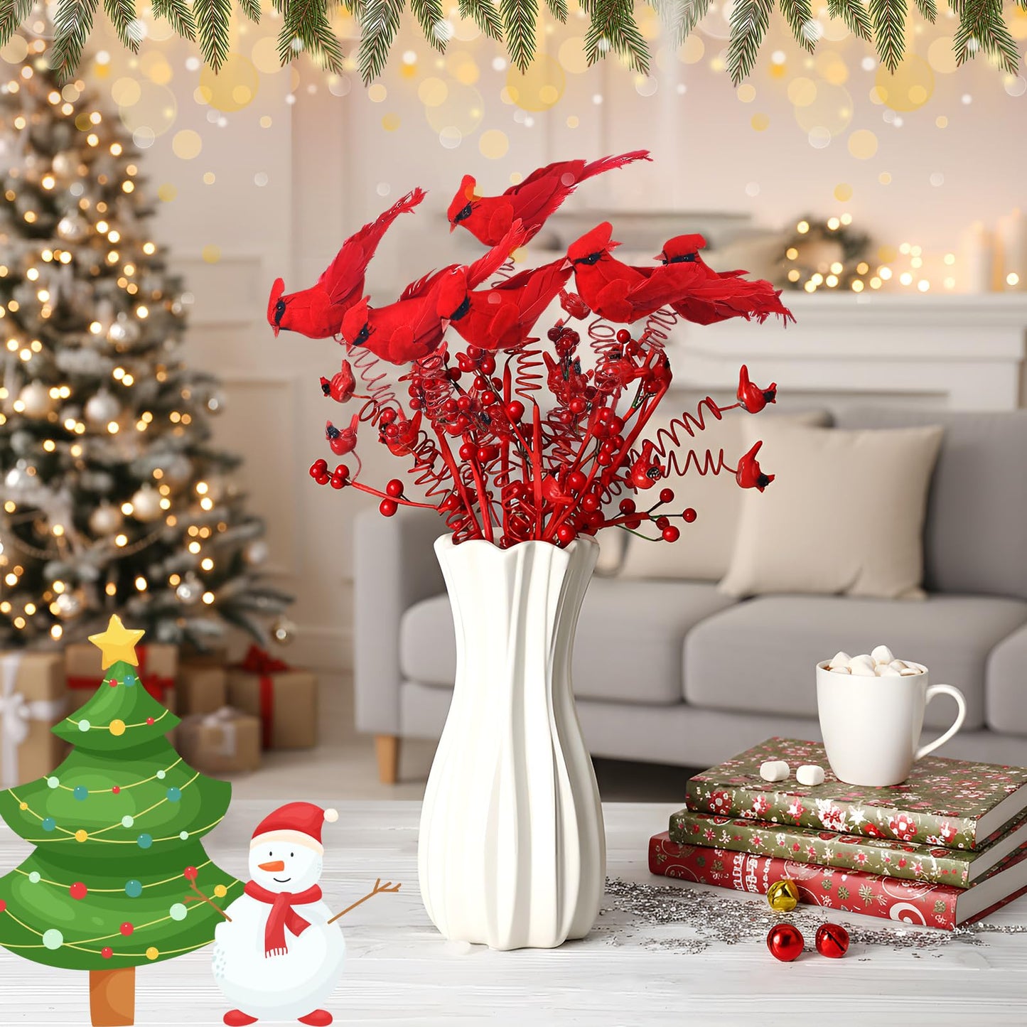 Thyle 6 Pack Cardinal Winter Tree Picks Cardinal Feathers Red Birds Decorating Stakes Artificial Red Berry Stems Holly Berry Branches for Tree Decorations DIY Crafts