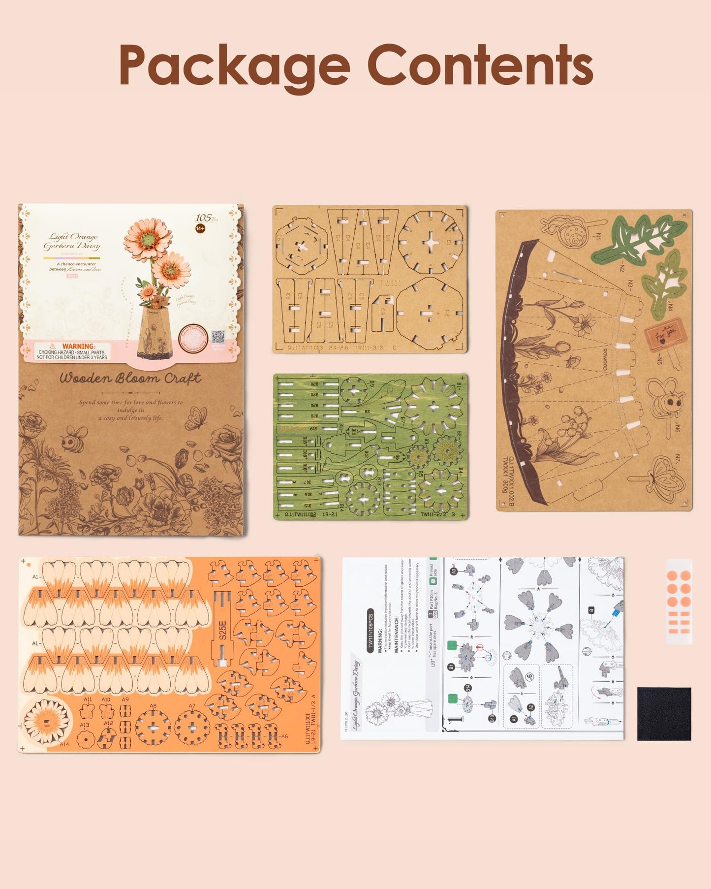 rowood 3D Puzzles for Adults,Mother's Day DIY Wooden Flower Building Set Craft Kits,Botanical Collection Home Decor, Teacher's Day/Christmas/Birthday Gift- Orange Gerbera Daisy