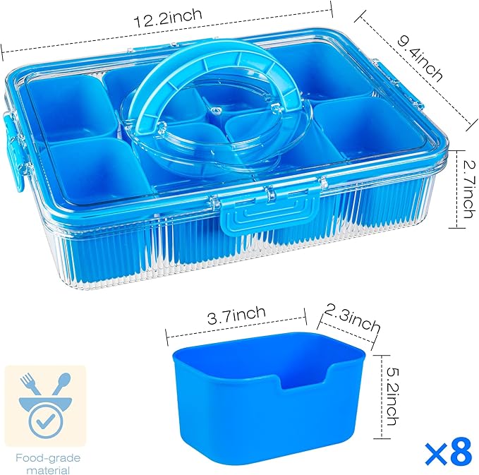 Patent Design Ribbed Snackle Box Container Divided Serving Tray with Lid and Handle -Charcuterie Container Portable Storage Organizer for Candy, Fruit, Beach, Picnics（1 pcs, Cerulean）