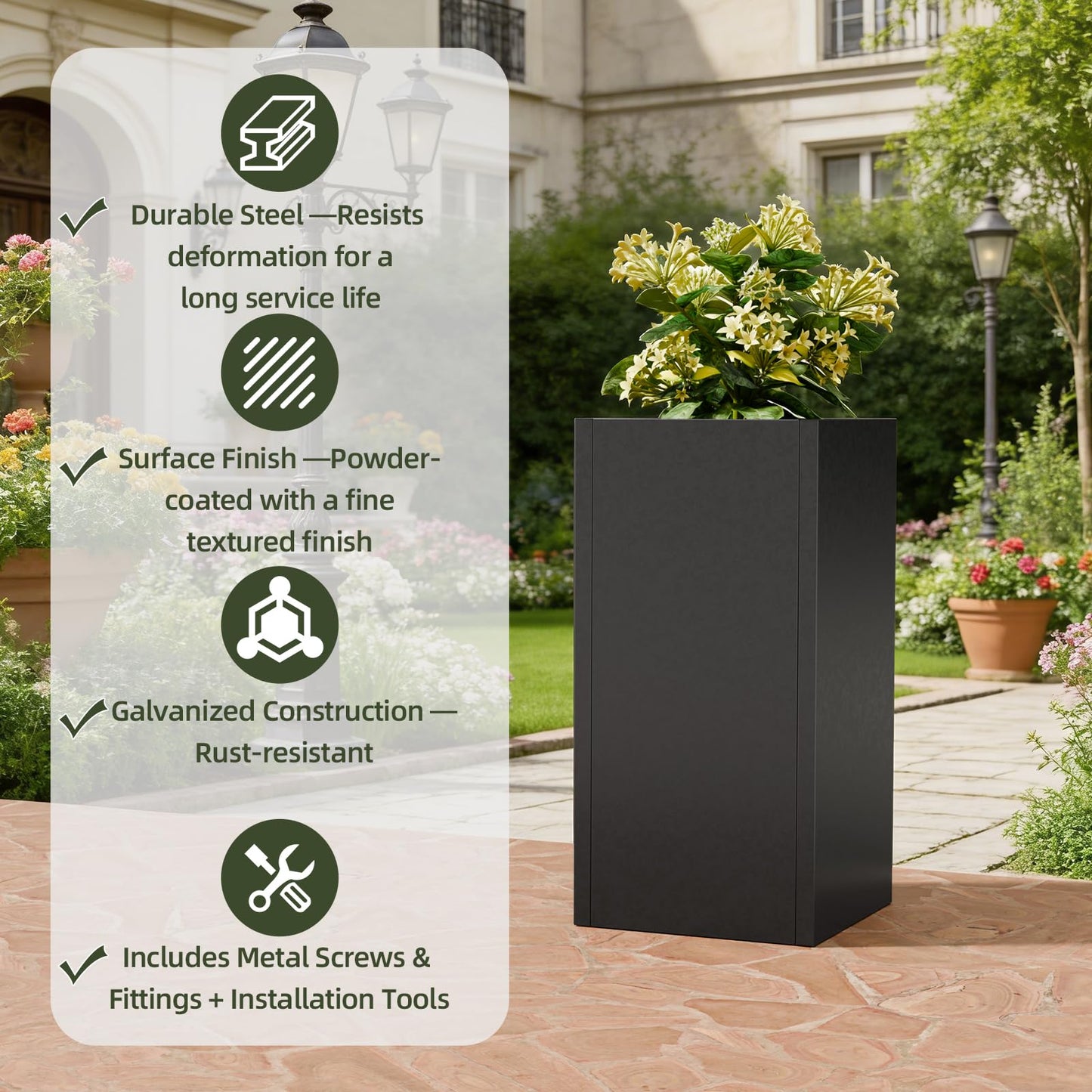 Diyfire Tall Metal Planters Box for Outdoor Plants - 23.6" Modern Steel Tall Square Planter with Removable Insert Shelf, Heavy Duty Pedestal Planter Front Porch Decor Patio Garden Office, Black