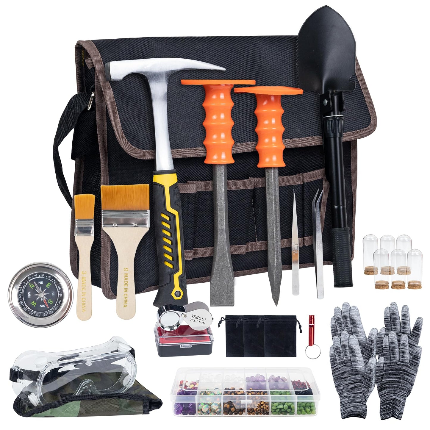 DigNew Geology Rock Pick Hammer Kit – 25PCS Rock Hammer Kit, Complete Geology Kit with Chisels,Folding Shovel, Safety Gear,Gold Panning Kit Accessories, Rock Hounding Equipment for Outdoor Exploration