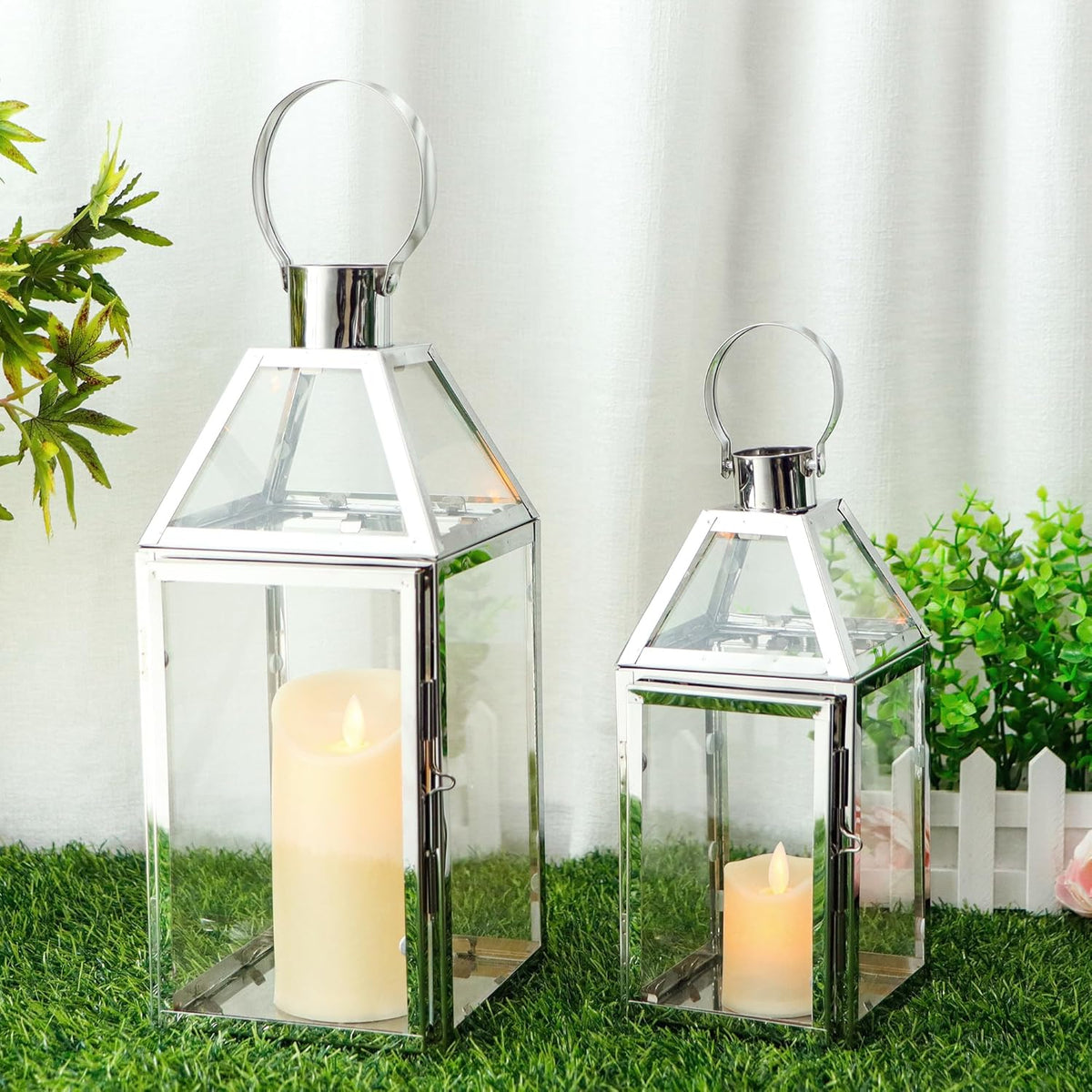 TRIROCKS Set of 2 Stainless Steel Decorative Lanterns 13"&10" H Metal Candle Holders with Tempered Glass for Home Decor Living Room Parties Events Tabletop Indoors Outdoors(Silver)