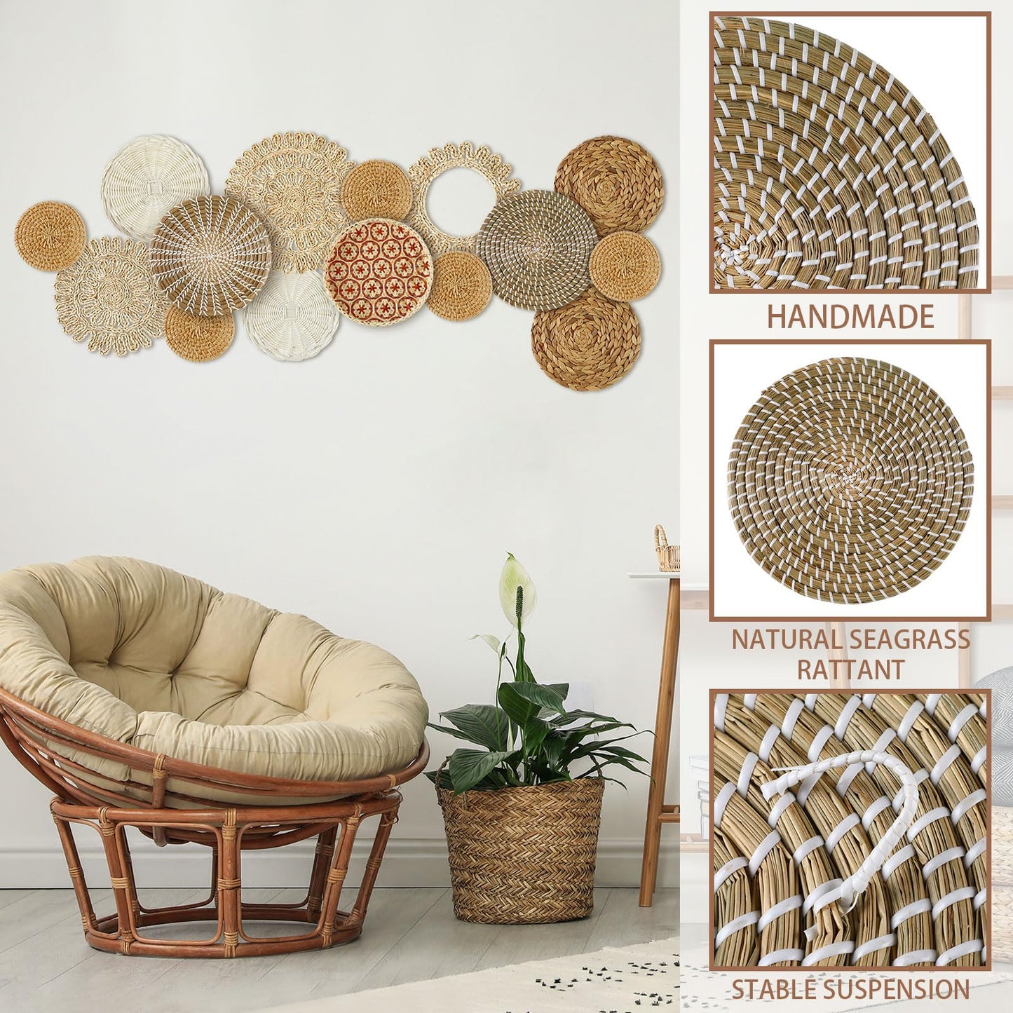 Xuhal 15 Pcs Boho Wall Basket Decor Handcrafted Seagrass Woven Wall Basket Rustic Round Woven Hanging Art for Home Farmhouse Kitchen Table Living Room(Fresh Style)