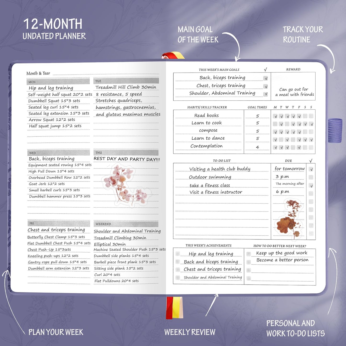 Undated Luxurious Weekly & Monthly Planner to Increase Productivity Hit Your Goals, Organizer Notebook Gratitude Journal Time Management Start Anytime, A5, Lasts 1 Year