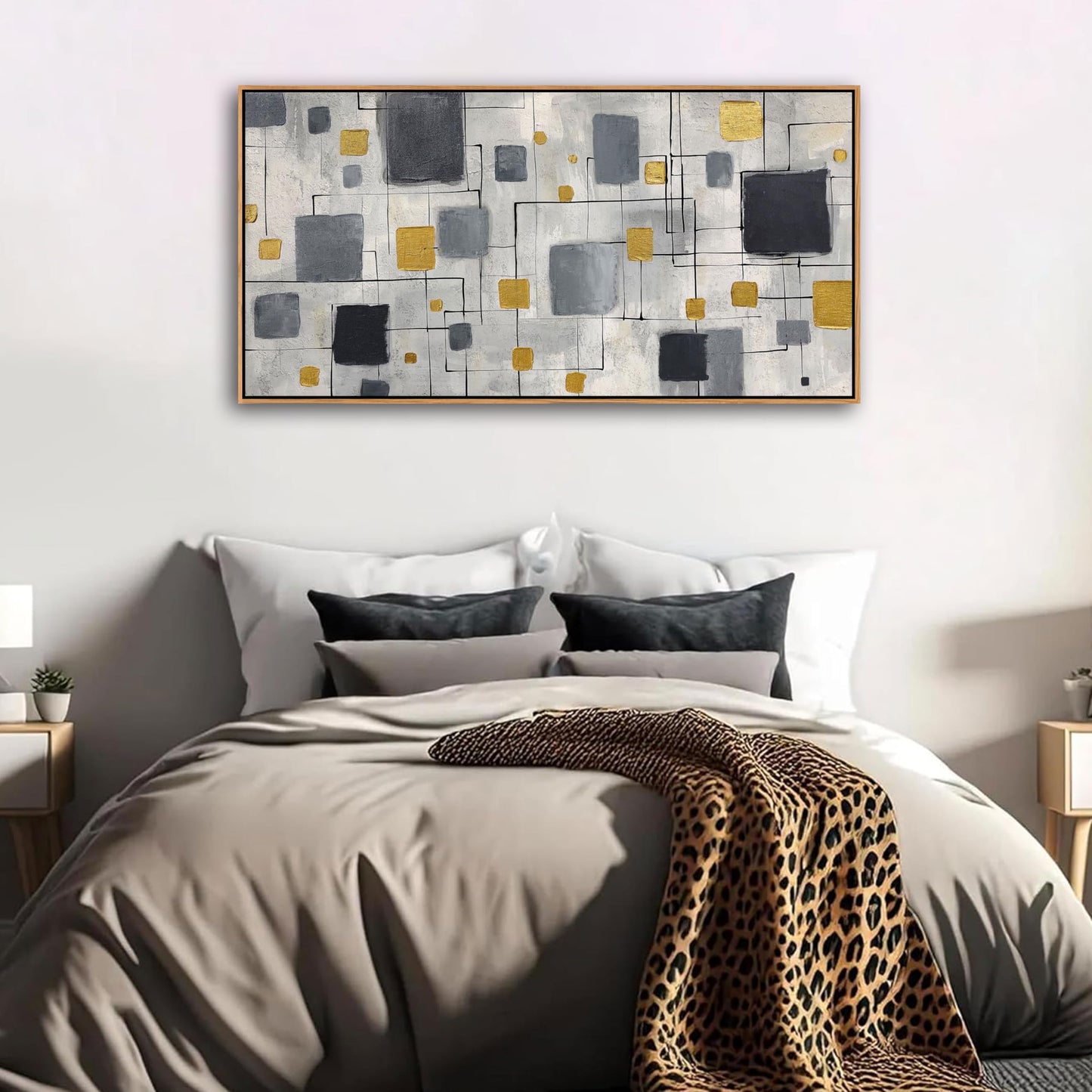 KLAKLA Modern Abstract Wall Art Poster - Black Gold Gray Neutral Decor for Living Room, Bedroom & Office, Unframed, Minimalist Abstract Design 40x20 Inches