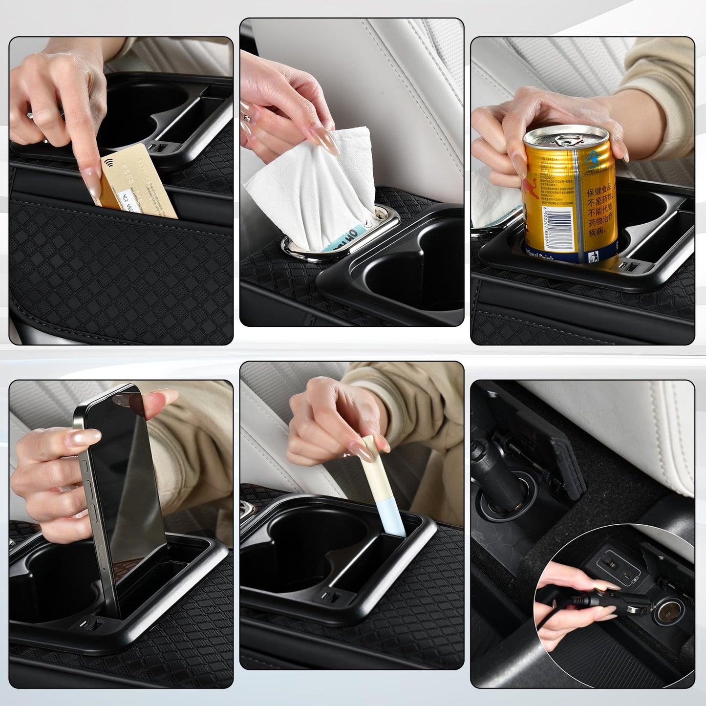 GioXtra Car Armrest Box Mat - Multi-Functional Black Leather Center Console Cover Waterproof Height Enhancement Cushion with Storage Box Cup Tissue Phone Holder Card Pocket for Car Interior Accessory