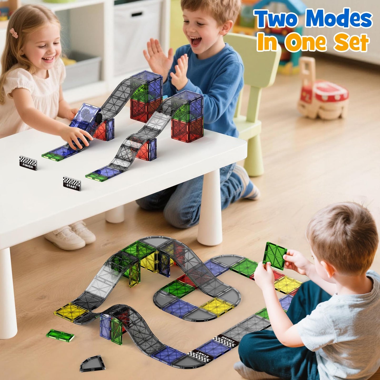 WMXDU 2-in-1 Dynamic Magnetic Downhill & Race Track Set - 40PCS Expandable Magnetic Tiles with Car for Creative STEM Play The Ultimate Travel Toy & Gift for Kids Ages 3-8 (40pcs-Race Set)