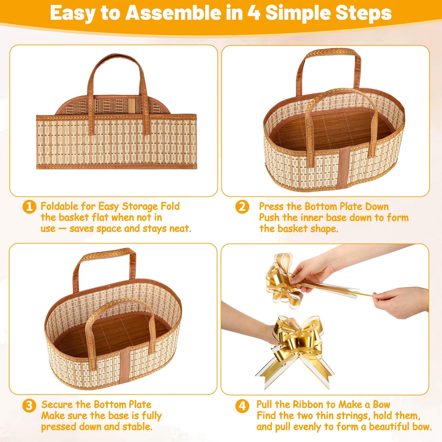 Leevcok 3 Set Baskets for Gifts Empty, Large Bamboo Gift Basket with Handle, Foldable Reusable Decorative Woven Basket for Christmas, Baby Shower, Mother's Day, Housewarming, Wedding