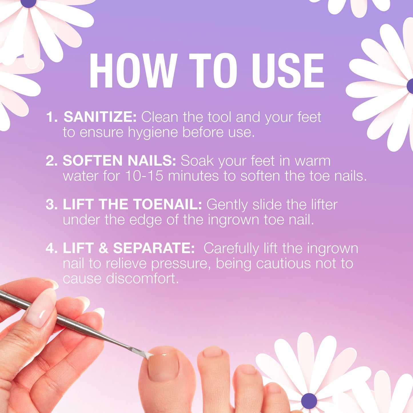 Flowery Ingrown Toenail Lifter - Stainless Steel Ingrown Toenail Tool, Dual-Ended Design with Lifter & Spatula, Nail Cleaner, Pedicure Tool