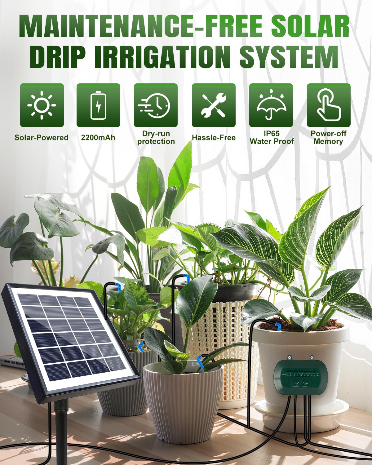 Breeze Touch Solar Drip Irrigation Kit 50FT, Automatic Garden Watering System with Timer, Draws Water from Container, Supports 15 Pots for Balcony, Patio, Indoor & Outdoor Plants