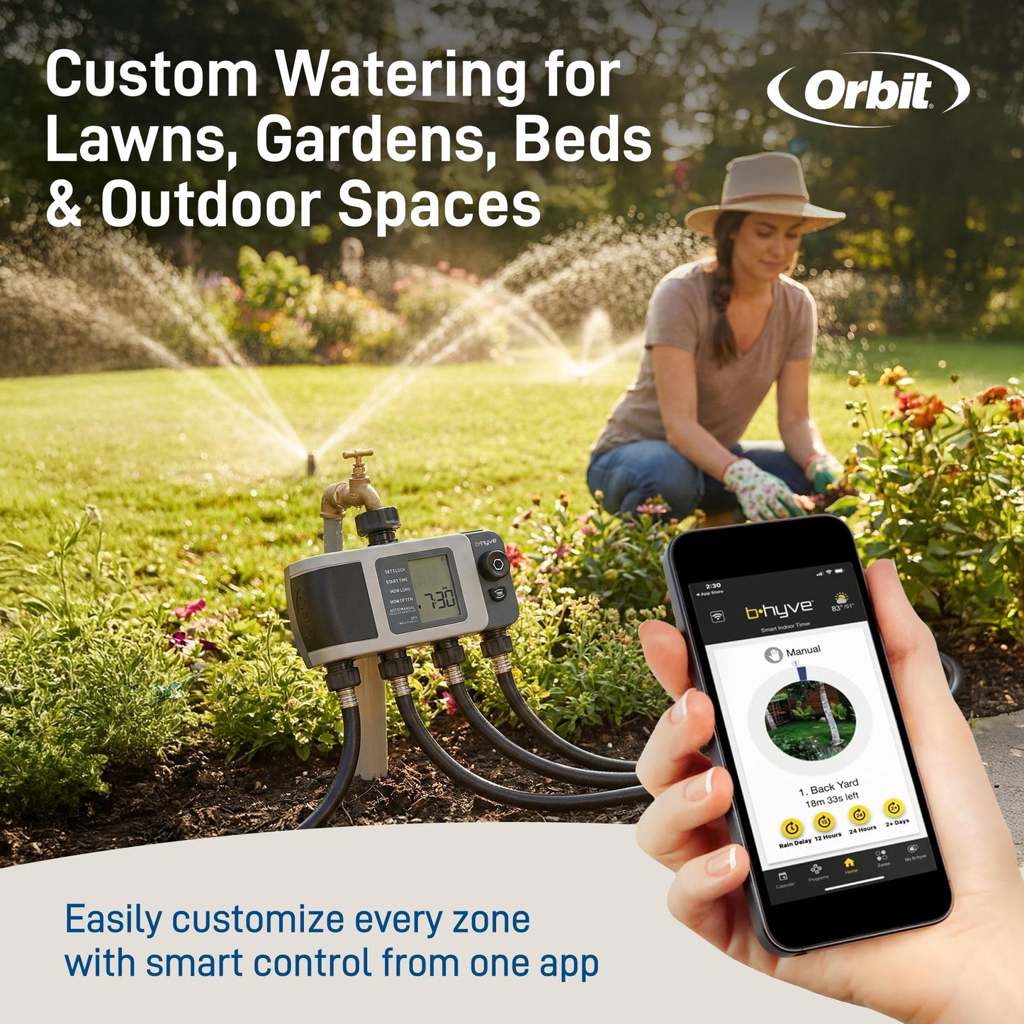 Orbit B-hyve XD 4-Port Smart Hose Watering Timer - App Controlled - Smart WeatherSense - Bluetooth Sprinkler Timer with Remote Control - Multi Outlet Yard Irrigation System - 24634
