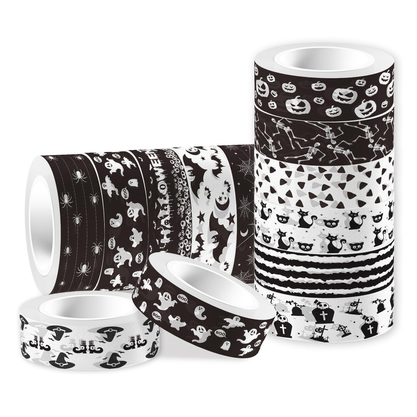 GLKTOPO 12 Rolls Halloween Theme Washi Tapes Pumpkin Spider Pattern Decorative Tape Black and White Masking Tape for Halloween Scrapbook Journal DIY Craft Gift Wrapping, 16.4Ft