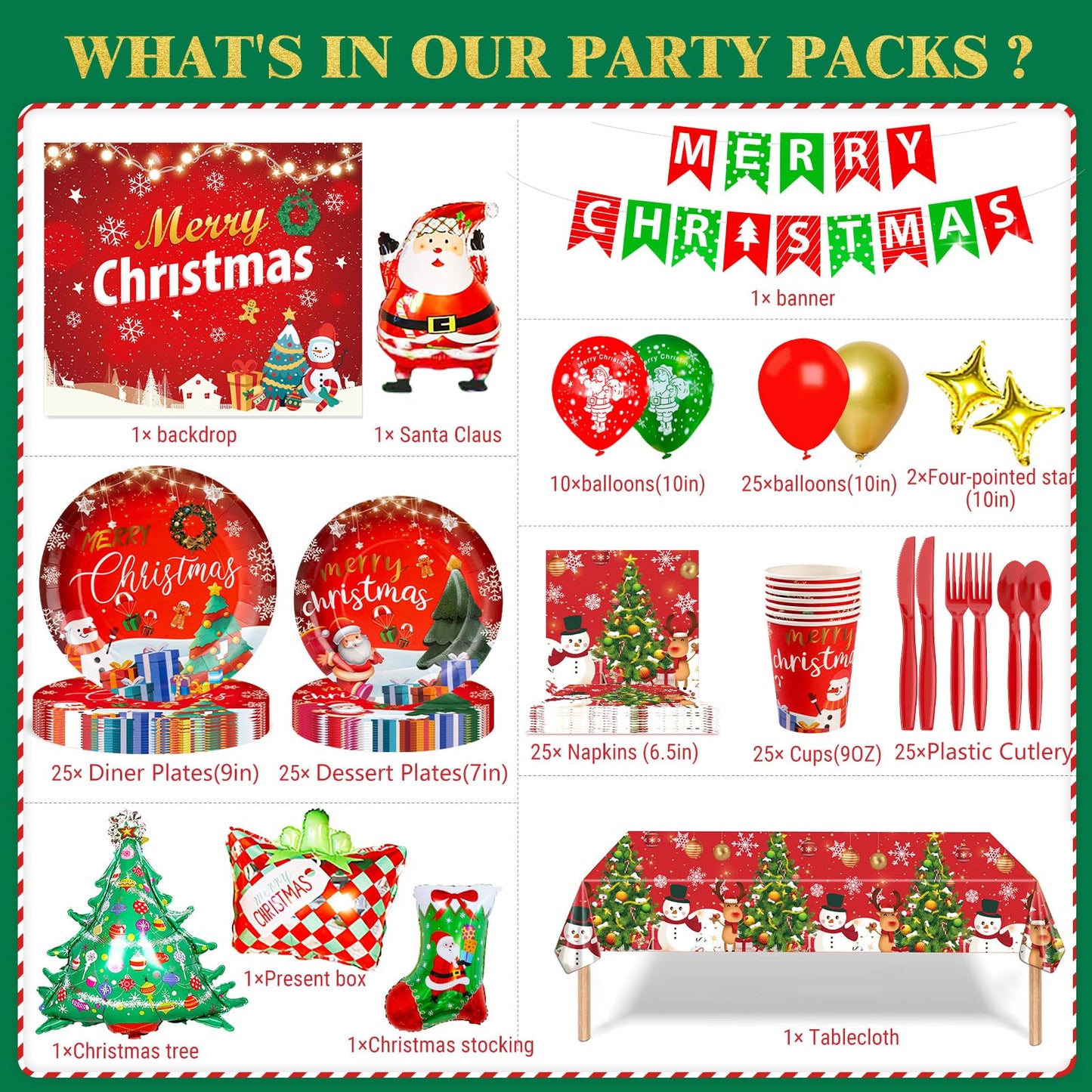 Christmas Party Decorations Xmas Party Supplies Serves for 25-Balloon, Banner, tablecloth, Backdrop, Disposable Paper Plate, Cup, Napkins, Knife, Fork, Spoon