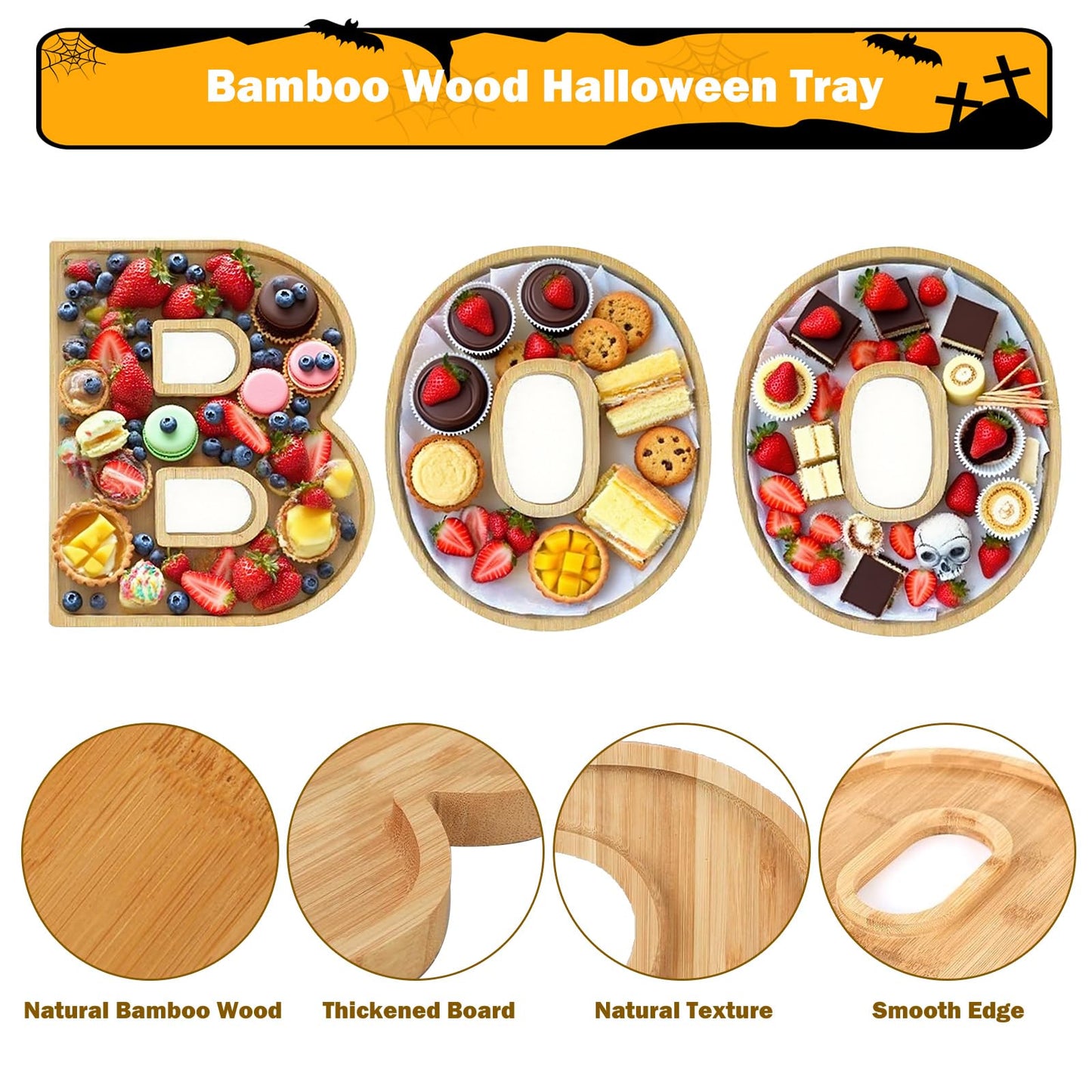 Charcuterie Board,3PCS Boo Serving Food Tray,Bamboo Wood Letter Cheese Board Platter,Christmas Party Table Decorations Serving Dishes for Kitchen Candy Cookie