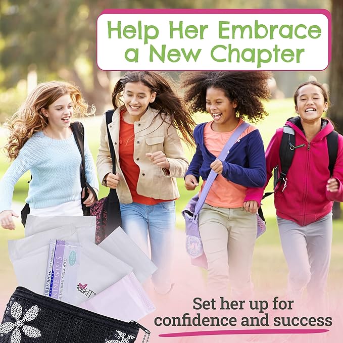 First Period Kit To-go! - Organic Biodegradable Tween Pads & Liner - Period Bags for Teen Girls for School - Period Pouch & Teen Pads for Girls Ages 11-14, Teen Pads for Periods - Pads for Teens Girls