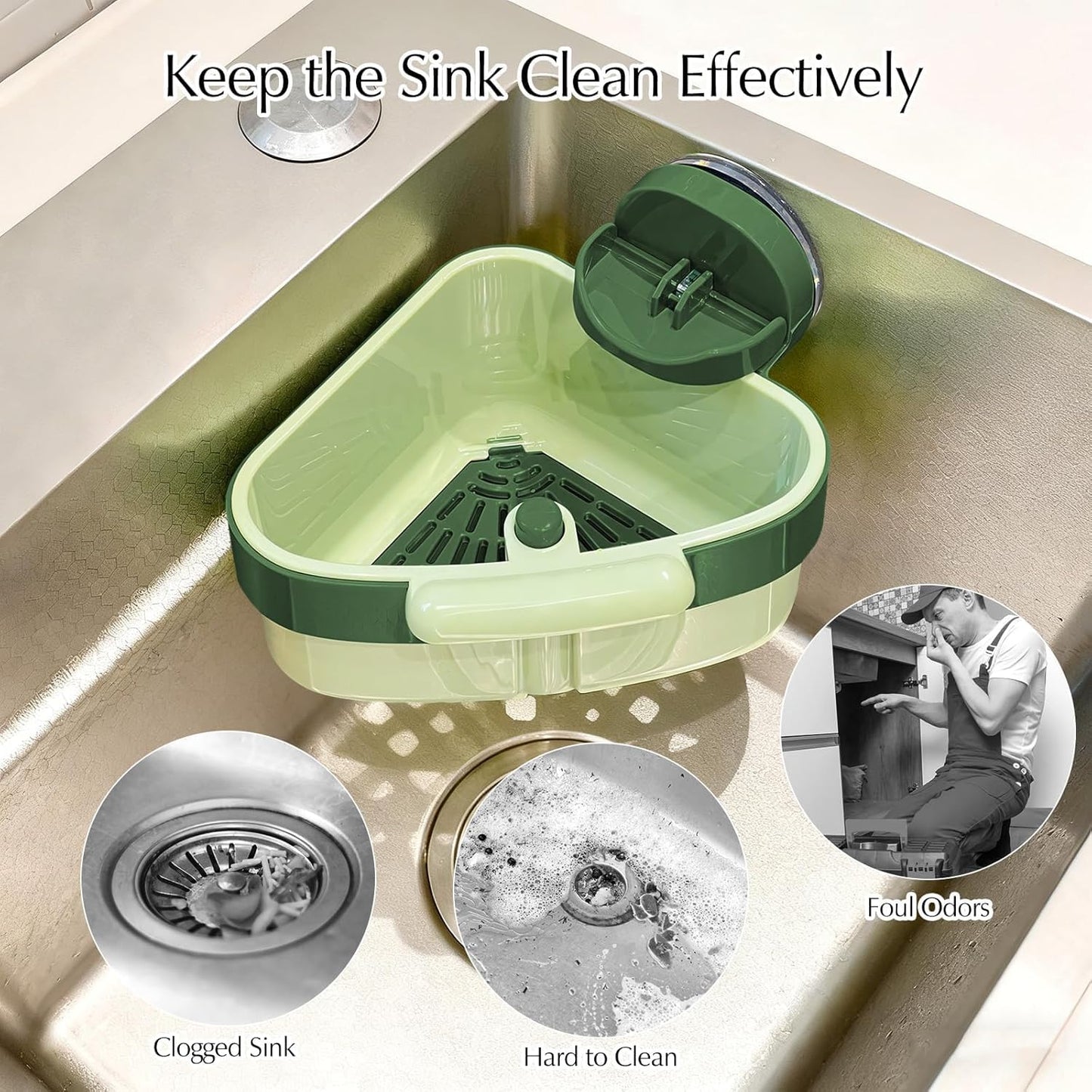 Yeguwithu Suction Cup Corner Sink Strainer, Upgraded Press Sink Drainer Basket, Plastic Sponge Holder, Sink Strainer Basket, Corner Sink Trash Catcher for Kitchen Bathroom, Green
