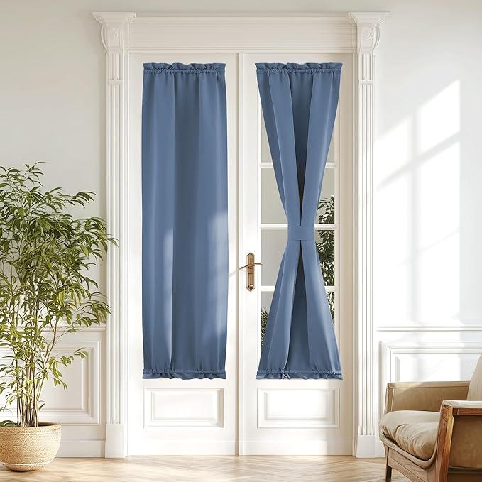 NICETOWN Blackout Door Blinds for Windows, Thermal Insulated Privacy Rod Pocket Front Door Curtain with Tieback, 20 by 72 inches Long, Stone Blue, 1 Piece with Tieback