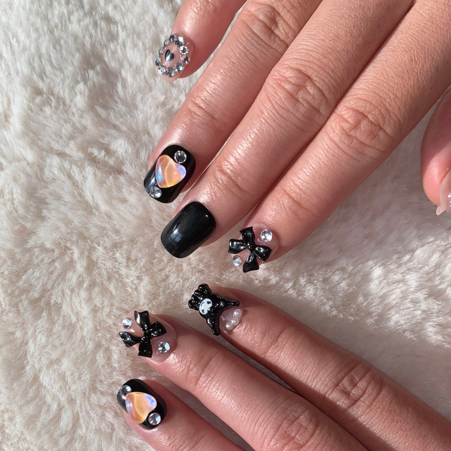 BABALAL Press on False Nails Short Square Fake Nails Black Goth Glue on Acrylic Anime Charm Cute Y2k Design Bow Heart Handmade Supplies 24Pcs Luxury Full Cover Kawaii Nails