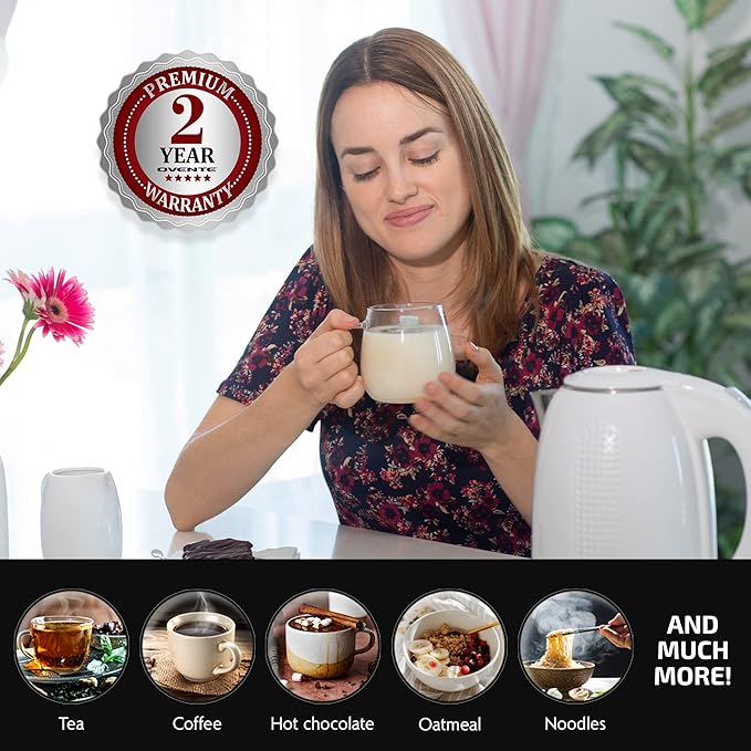 OVENTE 1.7L Double Wall Electric Tea Kettle, 1100W Water Boiler and Heater with Cool-Touch Exterior, Stainless Steel Insulated Interior, Auto Shut-Off, Boil-Dry Protection & Locking Lid, White KD64W