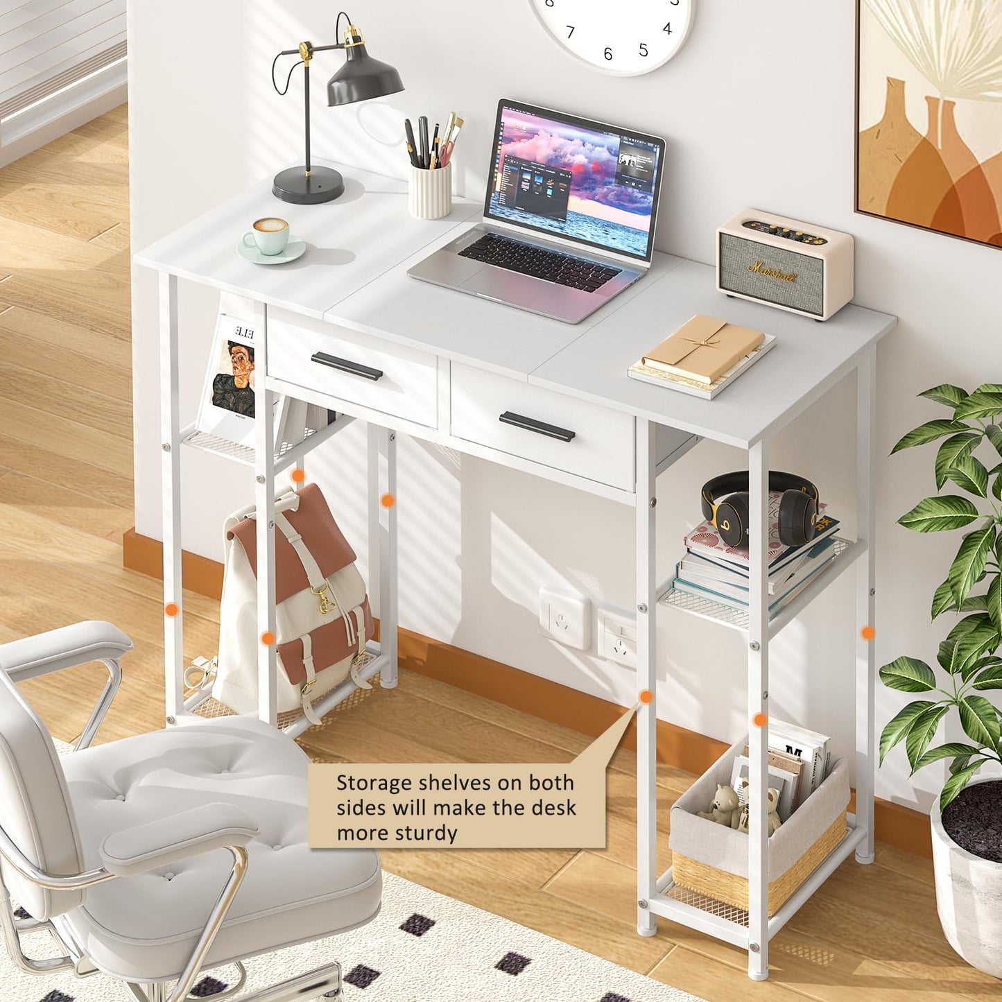 DAOUTIME White Computer Desk with Drawers, 37.3 Inch Home Office Work Desk with Storage Shelf, Kids Teens Study Table for Small Space, Small Writing PC Table for Bedroom Makeup Vanity Desk