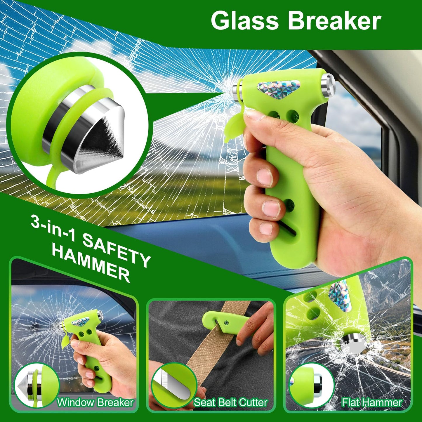 WONDER POINT Car Window Breaker, Safety Hammer - 3 in 1 Escape Tools, Window Breaker Seatbelt Cutter, Roadside Emergency Kit with Light Reflective Tape(2 Pack, Green)