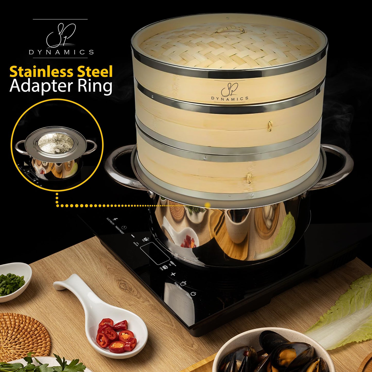 SP DYNAMICS Bamboo Steamer Basket Set Chinese Cuisine 10-inch 2 Tiers Vegetable Steaming Basket for Cooking with Chopsticks, Sauce Dishes, and Reusable Liners - Dumpling Steamer Baskets