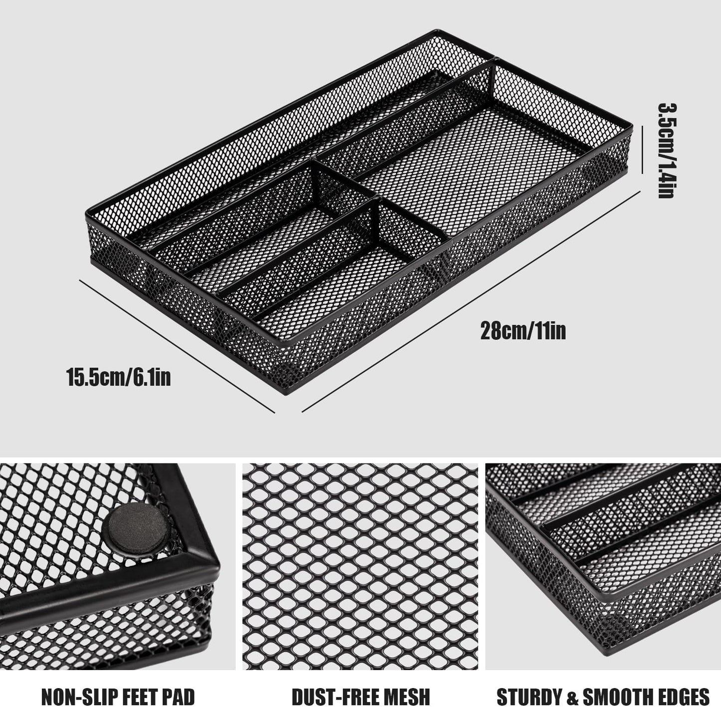 shenee Desk Drawer Organizer Tray,Drawer Organizer for Office and Home,Desk Organizer with Drawers,4 Compartments,Non-Slip Desk Organizers and Accessories for Stationery Makeup School (Black)