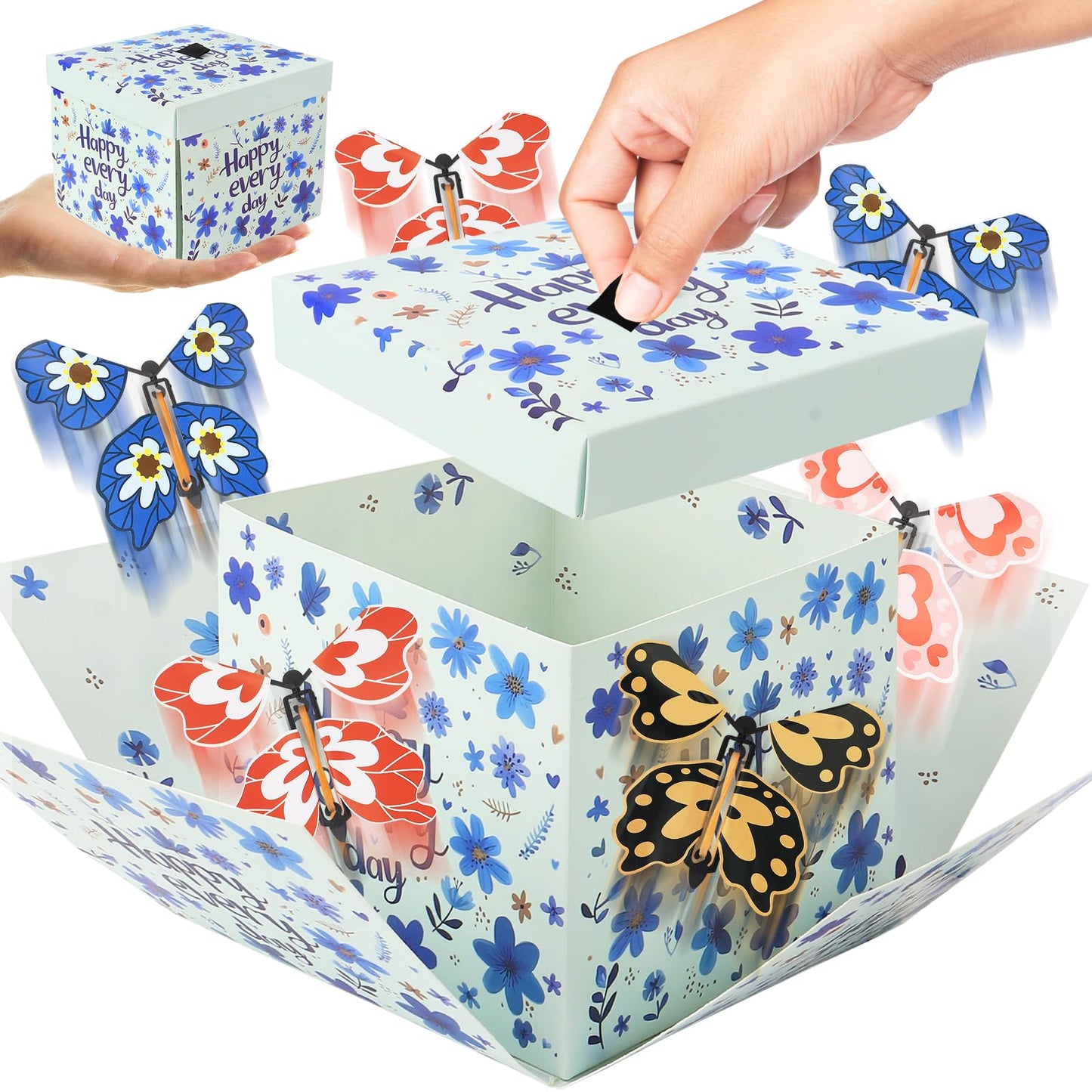 Flying Butterfly Explosion Gift Box with 6 Pcs Flying Butterflies, Surprise Birthday Gift Box with Butterfly， Surprise Cake Boxes for Birthday, Anniversary, Wedding,Graduation Special Occasions Blue