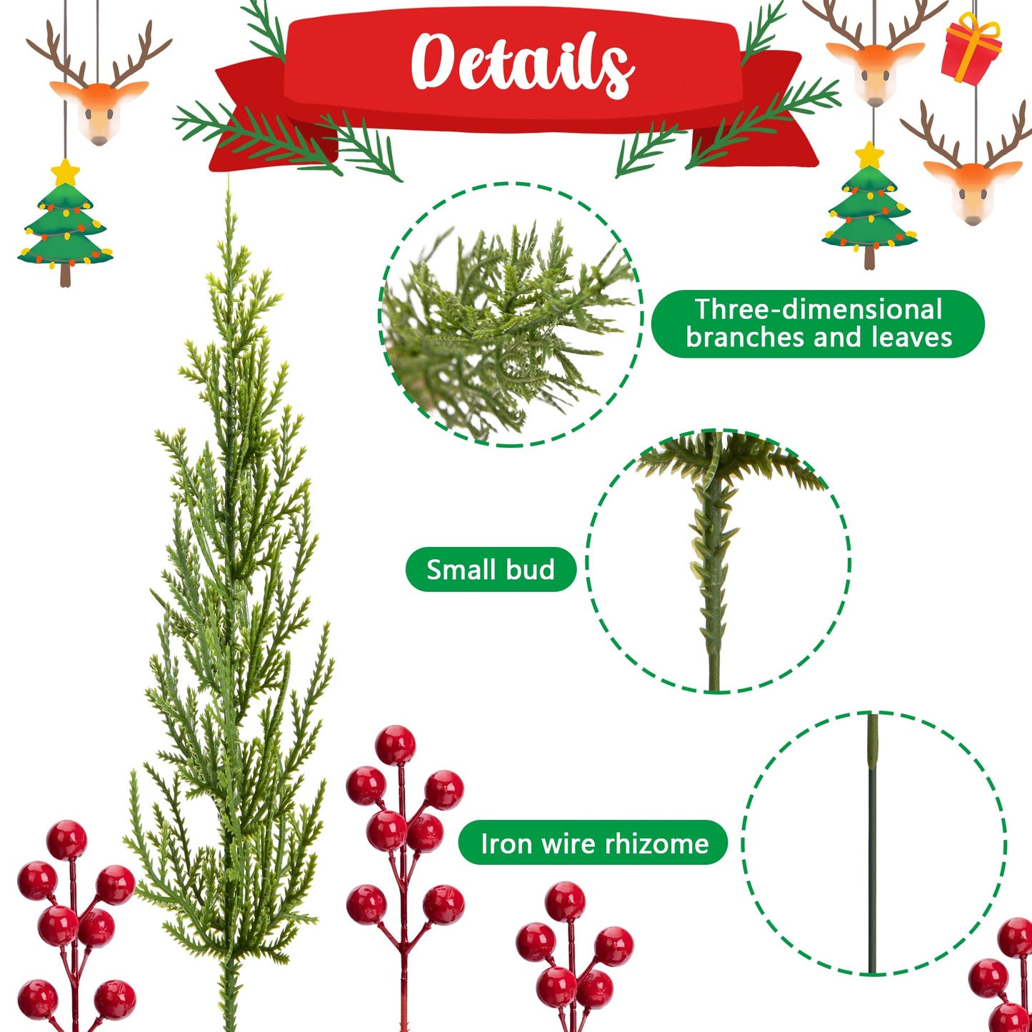 60 Pcs/Set Christmas 3D Artificial Pine Branches- 12.5 Inch Faux Evergreen Cedar Sprigs Branches- Fake Foliage Pine Needles Picks with Artificial Red Berry Stems for DIY Christmas Decoration