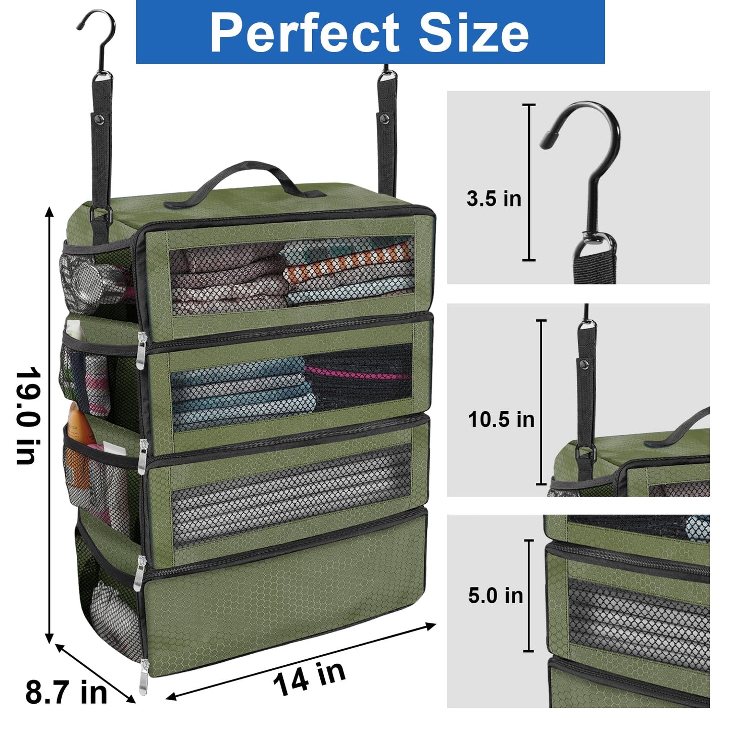 Olosar Suitcase Organizer, Travel Luggage Organizer Portable Hanging Travel Shelves Collapsible Hanging Packing Cubes for Carry on Suitcase, Army Green -M