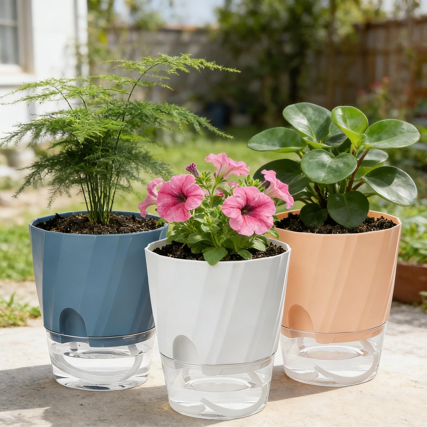 KIMCHOMERSE Self Watering Plant Pots 4.7 Inch, 3 Pack Indoor Planters with Drainage Holes & Saucers, Decorative Plastic Flower Pots for House Plants Home Office Decor (White, Pink, Blue)