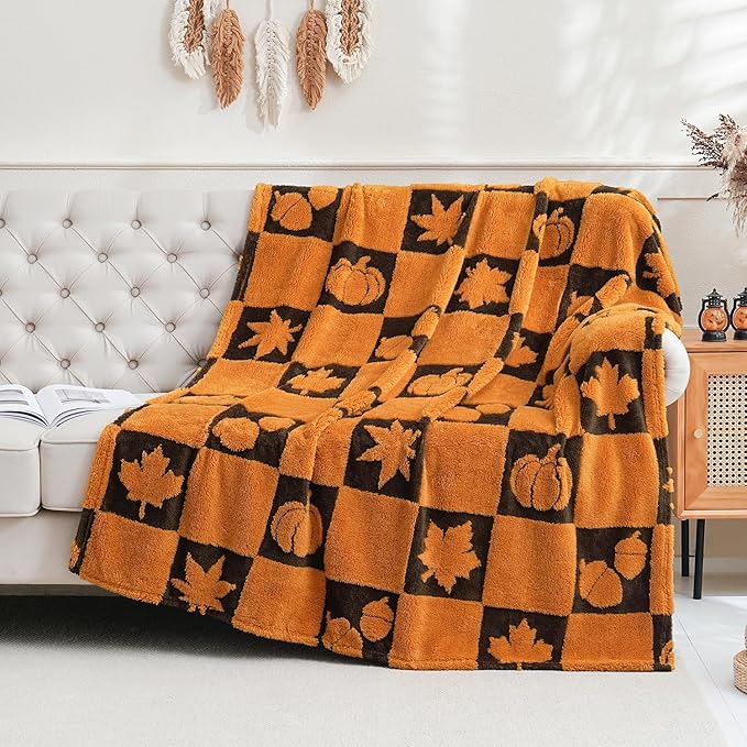 SOCHOW Fall Decor Jacquard Throw Blanket, Fuzzy Soft Warm Pumpkin Maple Leaves Plaid Autumn Checkered Blanket for Couch, Sofa and Bed, 50 x 60 Inches, Orange/Black