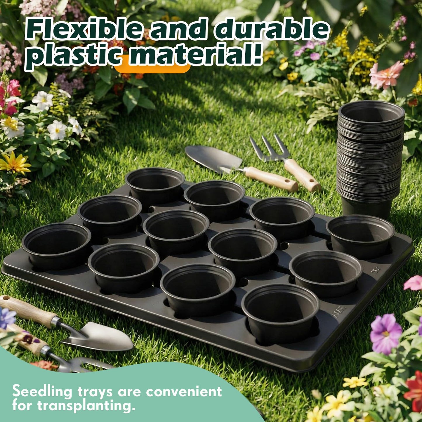 Baderke 96 Pcs 4 inch Seedling Pots and 8 Pcs 12 Cell Reusable Plastic Nursery Pots Trays Thick Sturdy Seeds Starting Germination Carrying Trays Black Small Planter Nursery Propagation 8 Sets(Black)