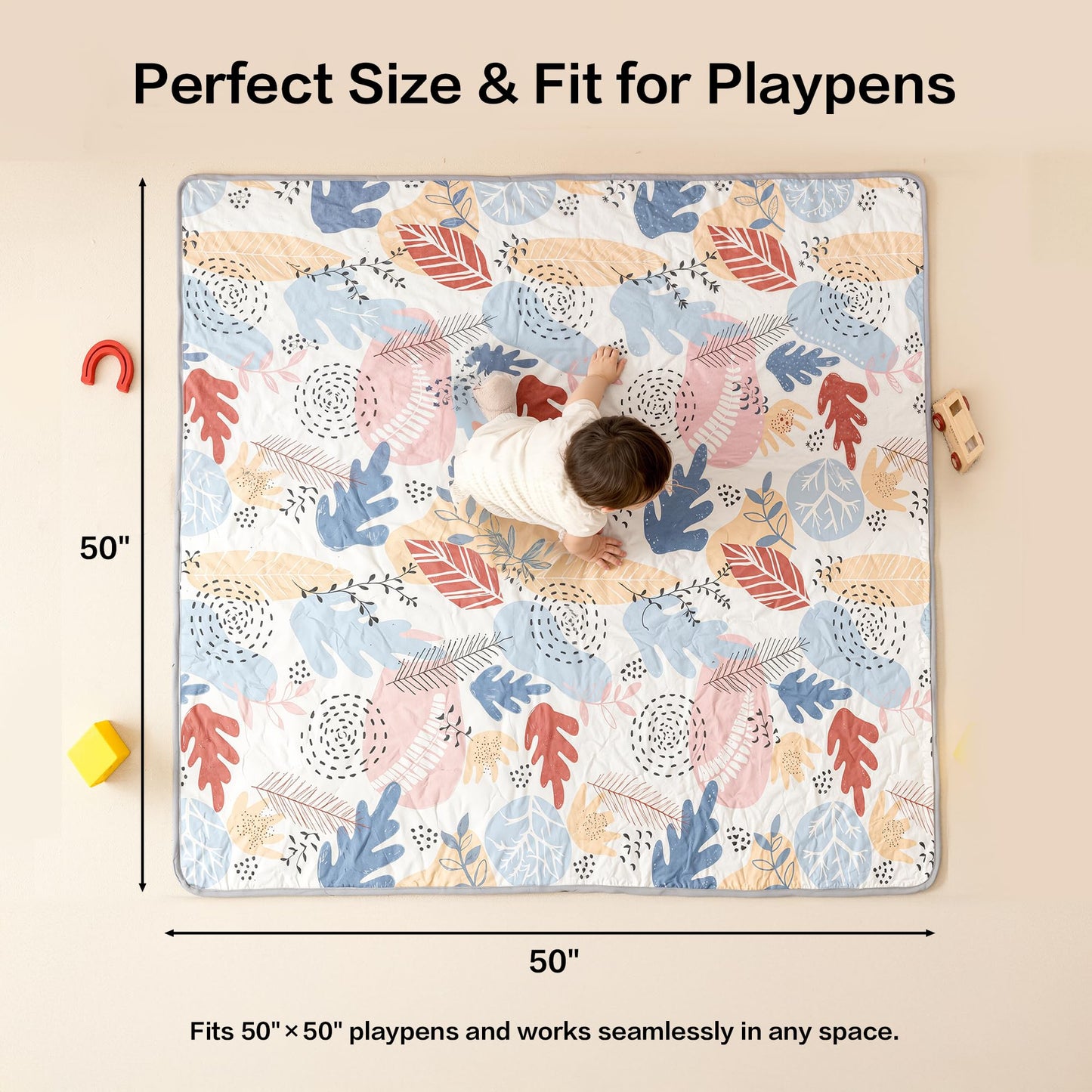 CAPAKIDDO 50"x50" Baby Play Mat, Premium Thicker Foam Floor Mat, Bohemian Non-Slip Playpen Mat for Infants & Toddlers, Foldable Machine Washable Crawling Mat