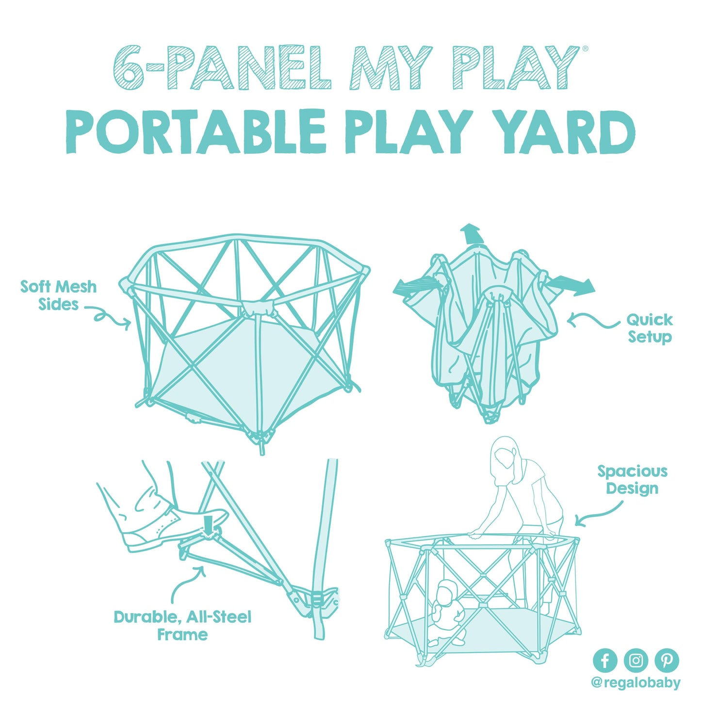 Regalo Safety My Play Portable Baby Playpen & Play Yard, Foldable 6-Panel Indoor Outdoor Playpen for Babies & Toddlers, Mesh Sides, Washable Fabric, 48”, Aqua/Black