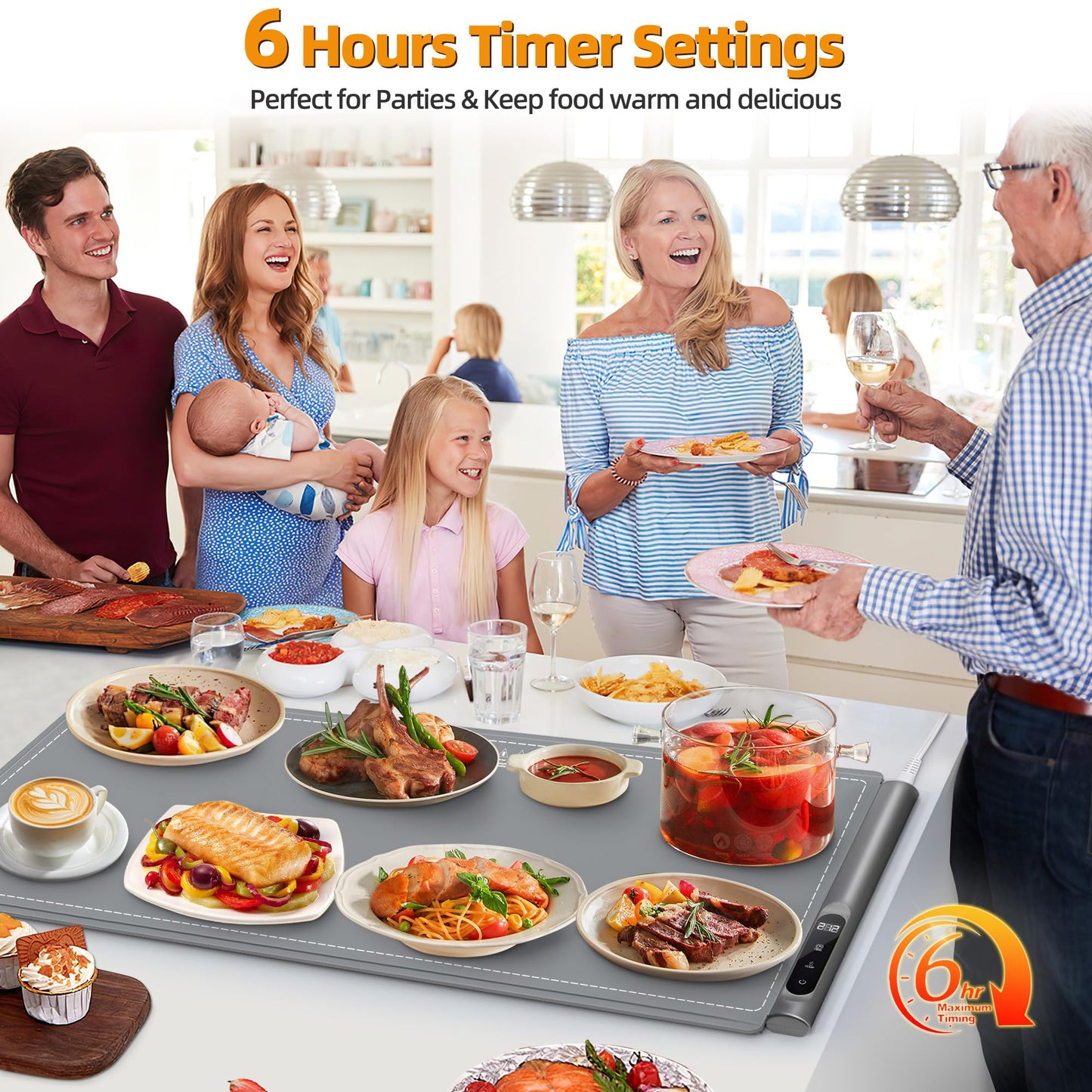 Newise Graphene Warming Mat for Food, Extra Large (XXL 36”x 16") Electric Warming Trays for Buffets Party Countertop with 6 Temp & Timer Settings, Mothers Day Kitchen Gifts for Mom Wife, Gray