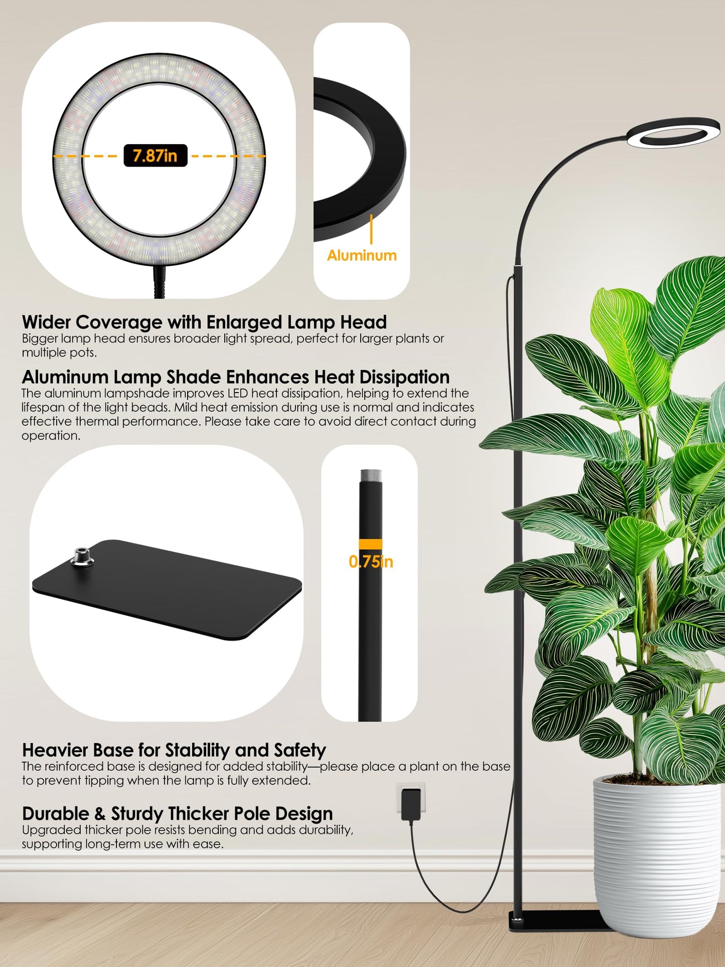 GLOWRIUM Grow Lights for Indoor Plants, Full Spectrum LED Grow Light, Stepless Dimming,3 Lighting Mode and Adjustable Height, Plant Light with 3/9/12/16H Timer (Black, 24W)