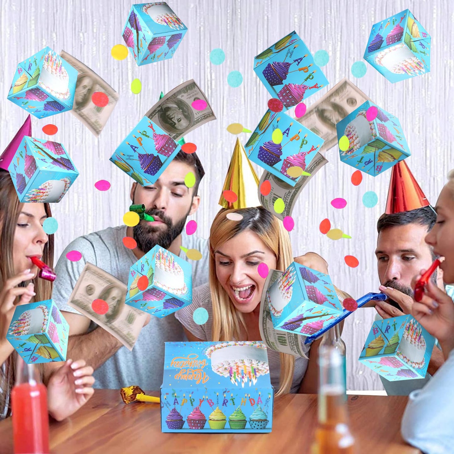 BABORUI Birthday Surprise Box Gift Box for Money, Happy Birthday Surprise Gift Box Explosion with Confetti, Seeroze Exploding Gift Box for Men Women Kids(Blue)