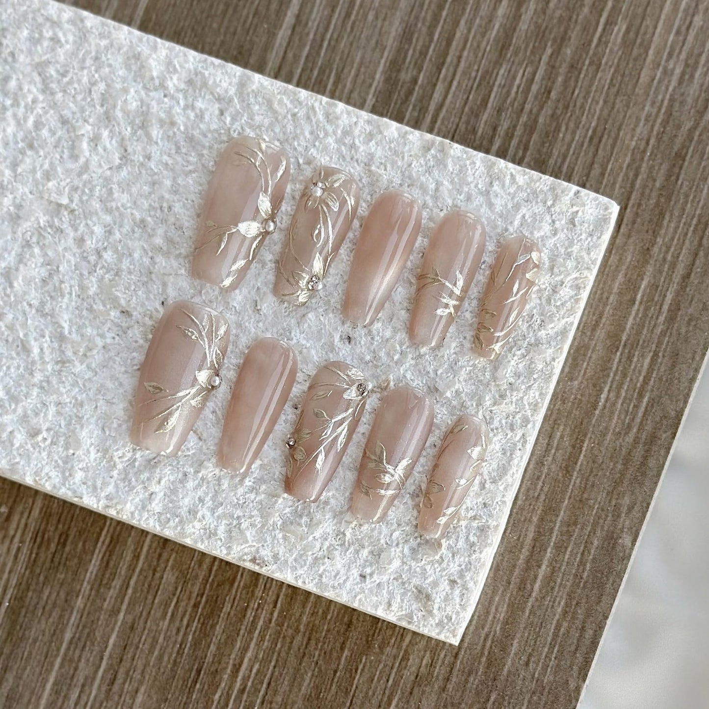 GLORS Nude Press-on Nails, Long Ballerina Shape, Gold Floral Design with Pearls, Handmade False Nail 10 Pieces (Small,LB)